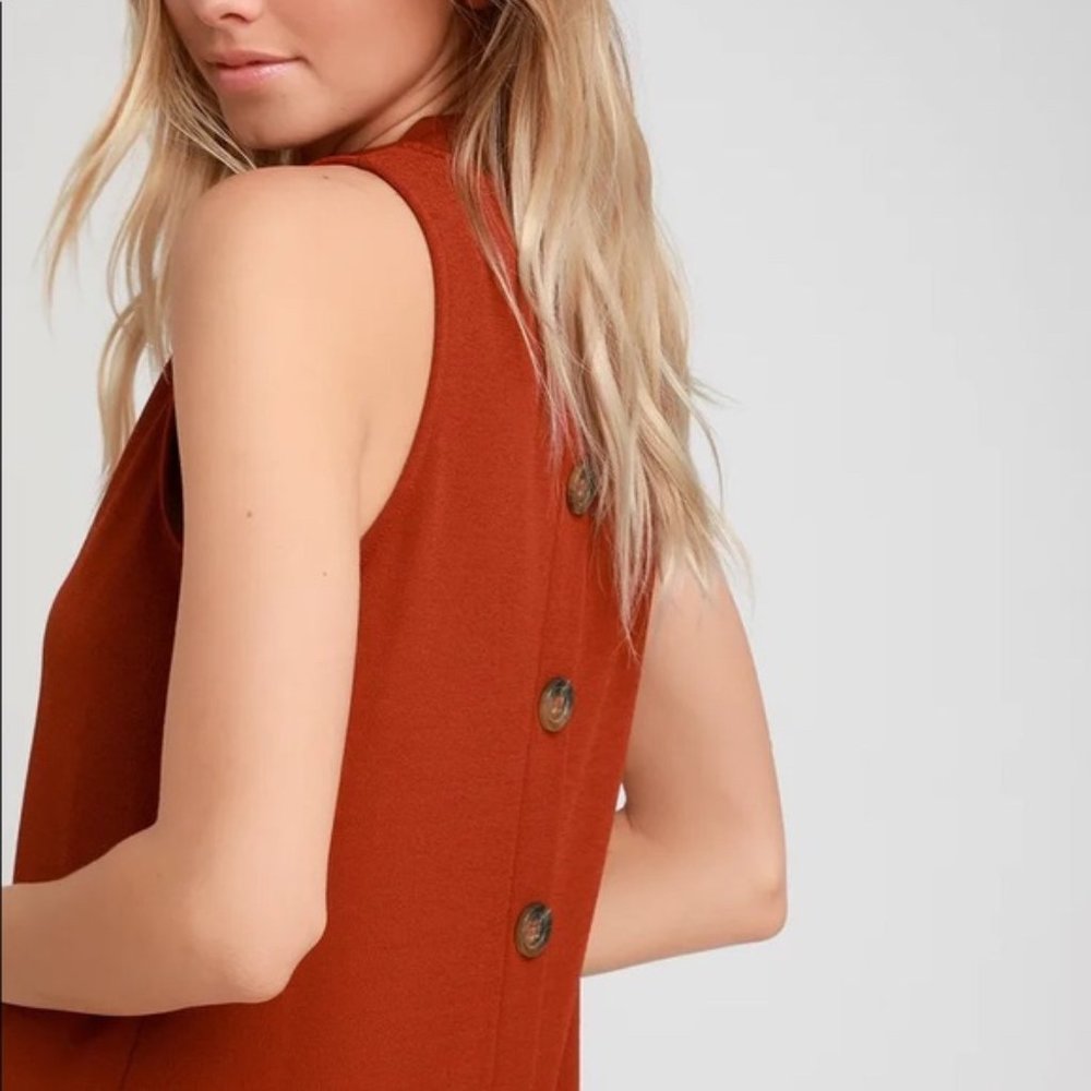 Tranquil Rust Orange Mock Neck Button-Back Midi D… - image 3